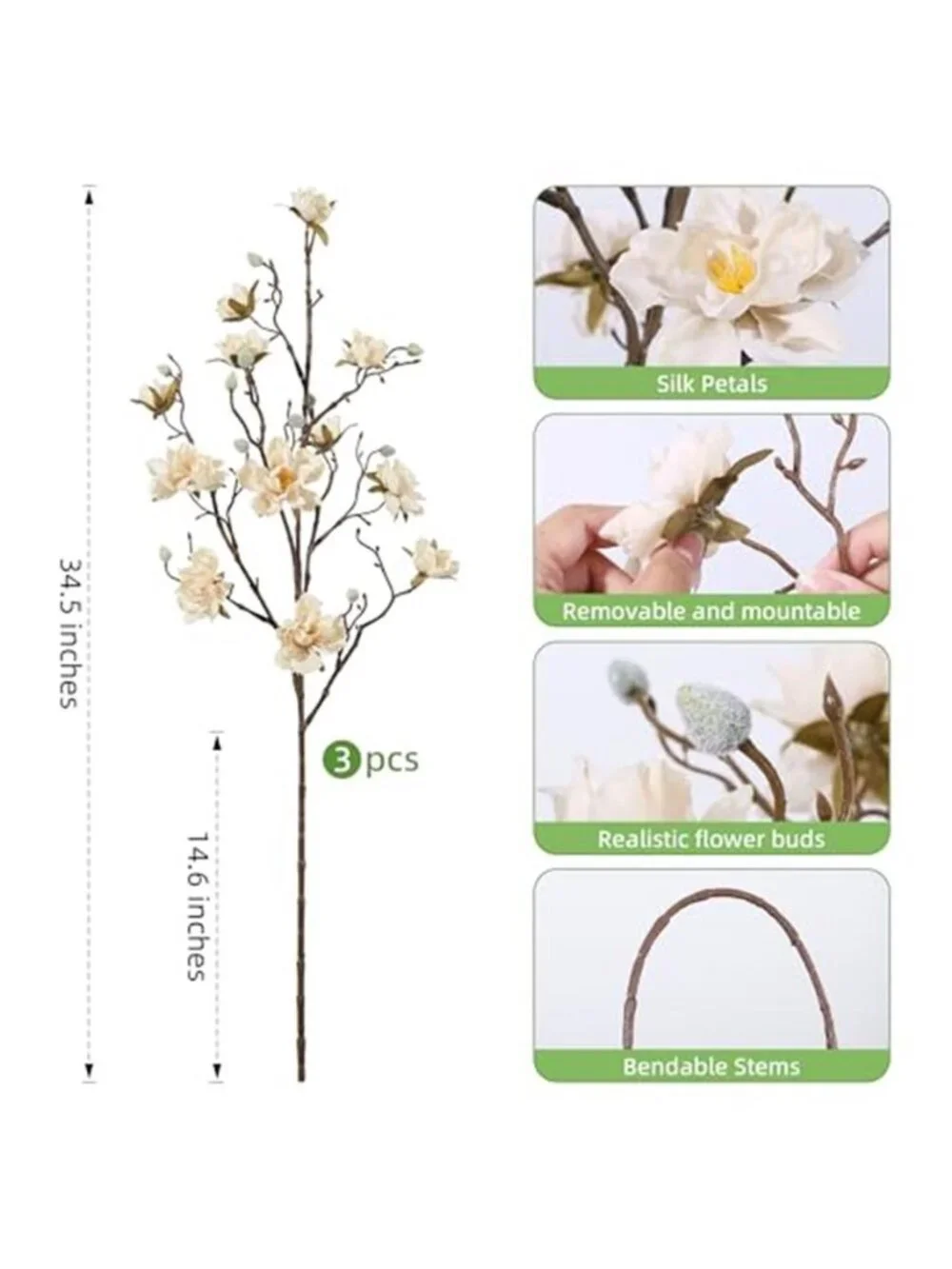3Pcs Artificial Magnolia Flowers Stems Faux Floral Arrangement Vase Table Decor